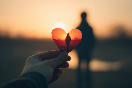 Double Exposure of Hand Holding Heart and Silhouette at Sunset in Dreamy Atmosphereの素材