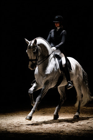 Elegant Dressage Rider Performing Piaffe on Grey Horse in Spotlightの素材