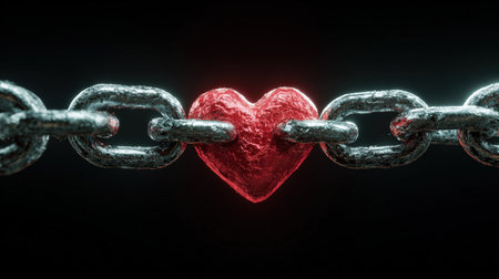 Close-Up of Steel Chain and Red Heart Symbolizing Unity and Passionの素材