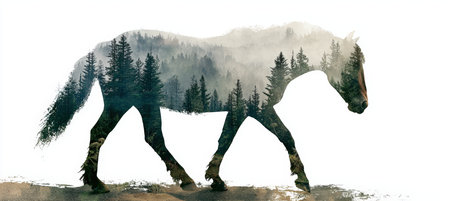 Double Exposure Horse Silhouette with Forest and Mountain Sceneの素材