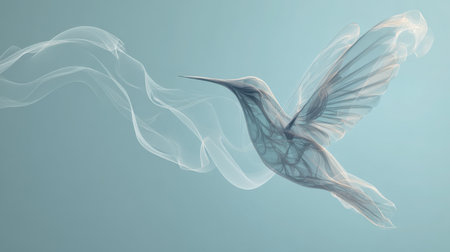 Ethereal Hummingbird Formed from Smoke Trails on Aqua Backgroundの素材