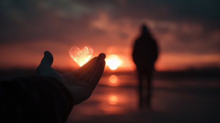 Dreamy Love Energy: Glowing Heart and Silhouette at Sunsetの素材