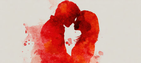 Romantic Couple in Red Silhouette with Watercolor Background Artの素材