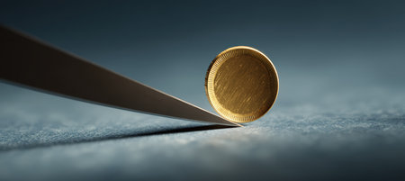 Golden Coin Balanced on Blade Edge Symbolizing Economic Riskの素材