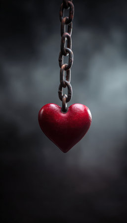 Red Heart Suspended in Steel Chain Against Smoky Backdropの素材