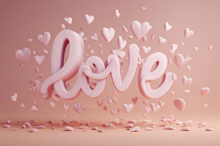 Whimsical Typography of "Love" with Floating Hearts on Soft Pink Backgroundの素材