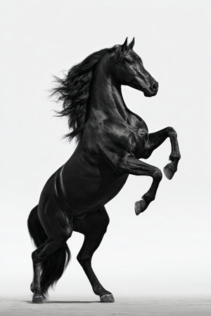 High-Contrast Black Horse Rearing on White Background for Luxury Conceptsの素材