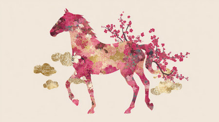 Contemporary Chinese Zodiac Horse Poster with Cherry Blossoms and Gold Foilの素材