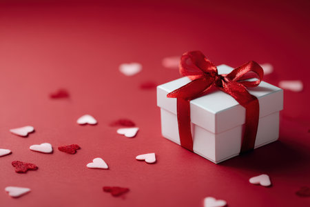 Elegant White Gift Box with Red Ribbon on Romantic Red Backgroundの素材