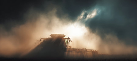 Combine Harvester Silhouette in Dust Cloud with Sunlight Rays Piercing Throughの素材