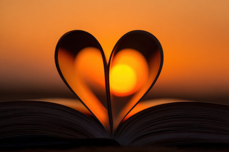 Heart Silhouette from Book Pages at Sunset with Warm Orange Glowの素材