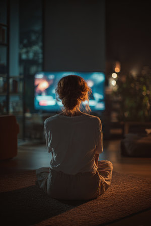 Woman Watching TV in Modern Home with Soft Evening Lightingの素材