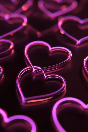 Glowing Pink Neon Hearts on Burgundy Background with Futuristic Eleganceの素材