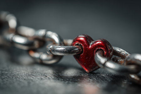 Macro Shot of Silver Chain with Red Heart Link on Dark Backgroundの素材