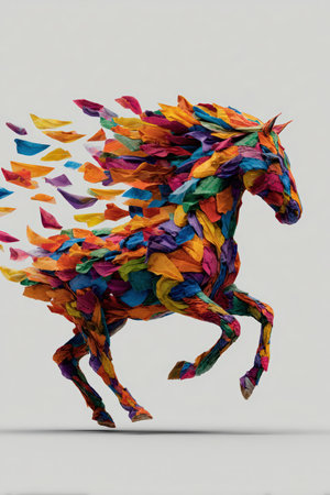 Colorful Fabric Horse in Motion on Minimal White Backgroundの素材