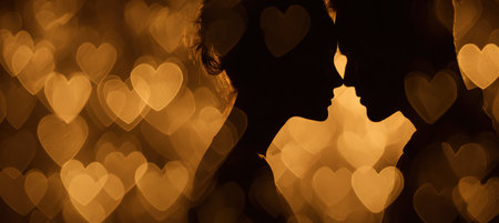 Romantic Silhouette of Couple with Golden Heart Bokeh Backgroundの素材