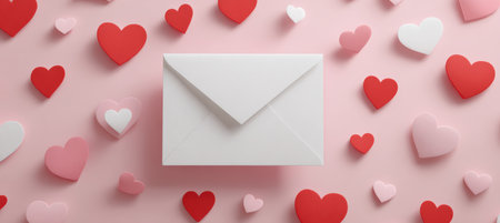 White Envelope with Red and Pink Hearts in Pastel Tones, 3D Minimal Illustrationの素材