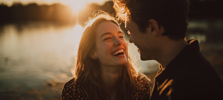 Romantic Couple Laughing by Lake at Sunset with Glowing Sunlightの素材