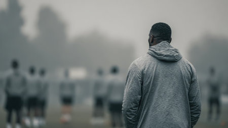 Coach Observing Team Drills on Foggy Morning Field in Soft Focusの素材