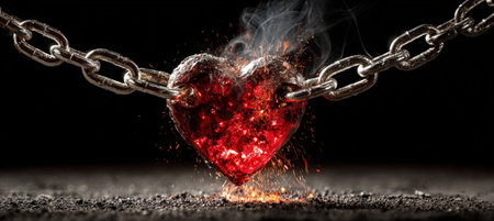Glowing Red Heart Forged into Silver Chain with Sparks and Smokeの素材