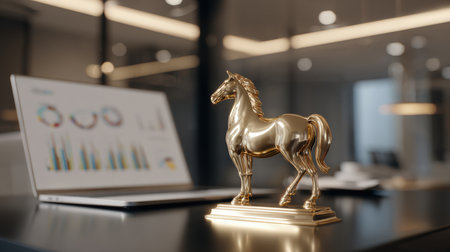 Modern Office Scene with Golden Horse Statue and Laptop Displaying Chartsの素材