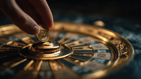 Close-up of Roulette Wheel with Business Symbols and Hand Placing Coinの素材