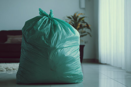 Green Garbage Bag Overflowing with Eco Waste on Clean White Floorの素材