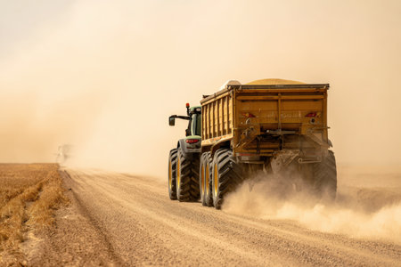 Tractor Pulling Grain-Filled Trailer on Dusty Road in Bright Sunlightの素材