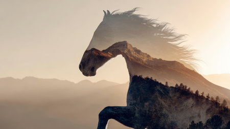 Double Exposure of Rearing Horse and Mountain Landscape at Sunriseの素材