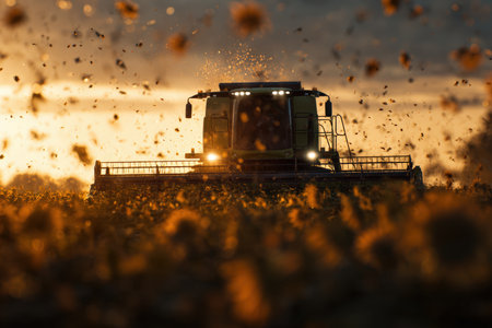 Combine Harvester in Sunflower Field at Golden Hour with Flying Debrisの素材