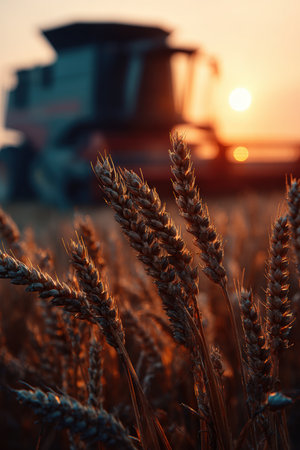 Macro View of Wheat Heads at Sunset with Harvesting Machinery in Backgroundの素材