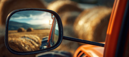 Close-Up of Tractor Mirror Reflecting Sunlight with Blurred Hay Backgroundの素材