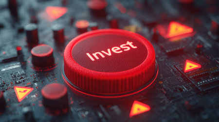 3D Illustration of Giant Red Invest Button with Warning Signsの素材
