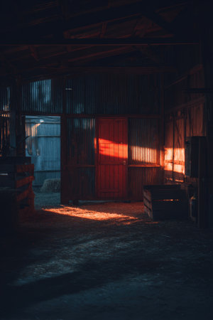 Red Tractor Headlights Illuminate Barn Interior at Duskの素材