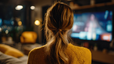 Person with Ponytail Watching TV in Cozy Modern Apartmentの素材
