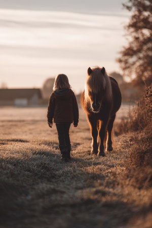Child and Pony Walking in Sunlit Field Symbolizing Growth and Trustの素材