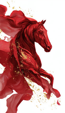 Stylized Red Silk Horse Illustration with Gold Accents on White Backgroundの素材