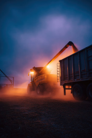 Combine Unloading Grain into Trailer at Twilight with Dust and Light Effectsの素材