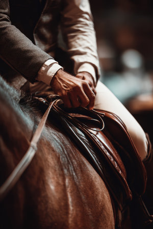 Focused Rider Adjusting Saddle Straps Before Competitionの素材