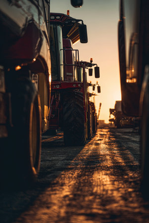 Combine Harvesters Parked at Golden Hour with Dramatic Shadows and Reflectionsの素材