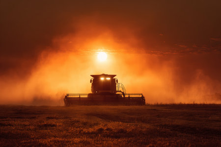 Combine Harvester in Dramatic Sunset with Visible Dust Particlesの素材