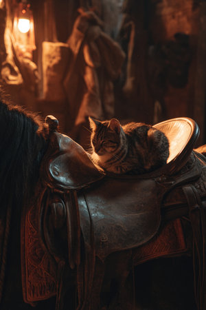 Cozy Cat Resting on Saddle in Warmly Lit Stableの素材