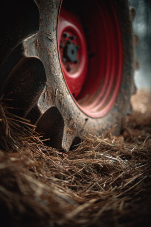 Close-Up of Red Tractor Tire with Straw in Rustic Farm Settingの素材