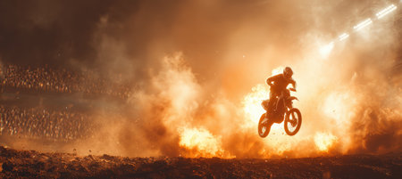 Motocross Rider Leaping Through Fiery Ring in Dramatic Dirt Arena Sceneの素材