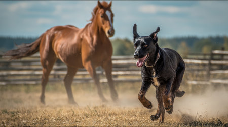 Playful Black Dog and Horse in Sunny Fenced Meadowの素材