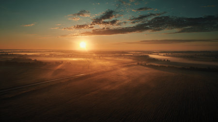 Cinematic Aerial View of Sunset Over Harvest Fields with Fog and Lens Flareの素材