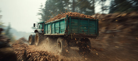 Green Trailer Spilling Potatoes on Curved Path in Natural Lightの素材