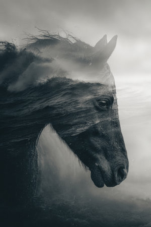 Double Exposure of Horse and Stormy Ocean in Moody Monochromeの素材