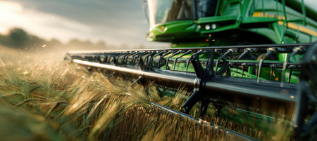 High-Tech Combine Header Blades Cutting Through Barley in Photorealistic Detailの素材
