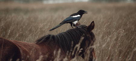 Magpie Perched on Horses Back in Open Field Captured in Perfect Timingの素材